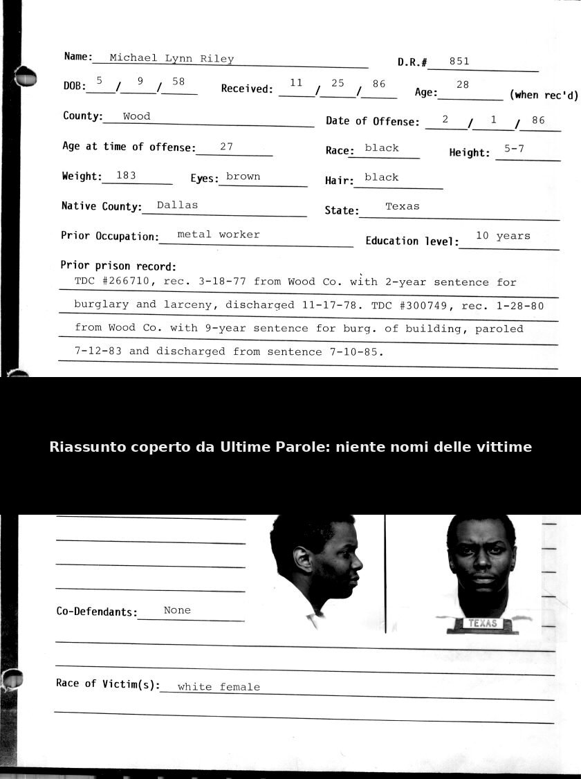 Scheda ufficiale TDCJ di Michael Riley